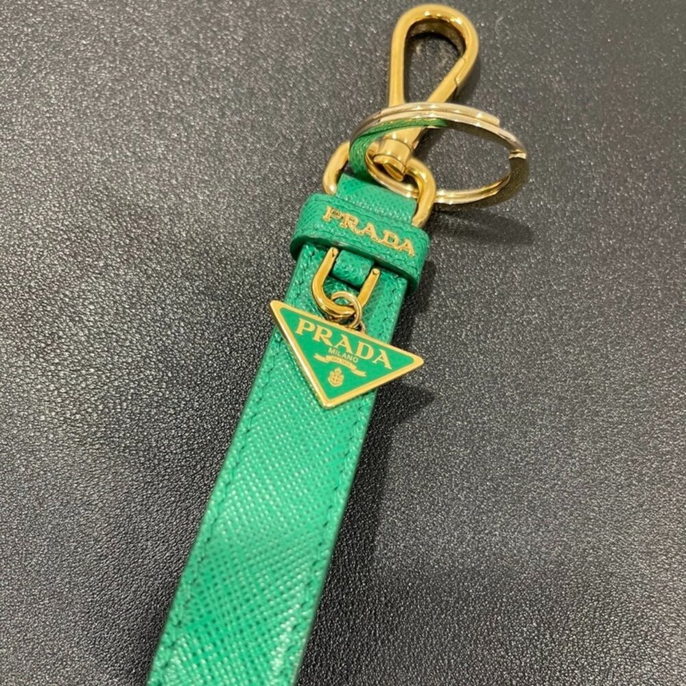Prada Triangle Logo Leather Keychain Green/Gold (JB1069)